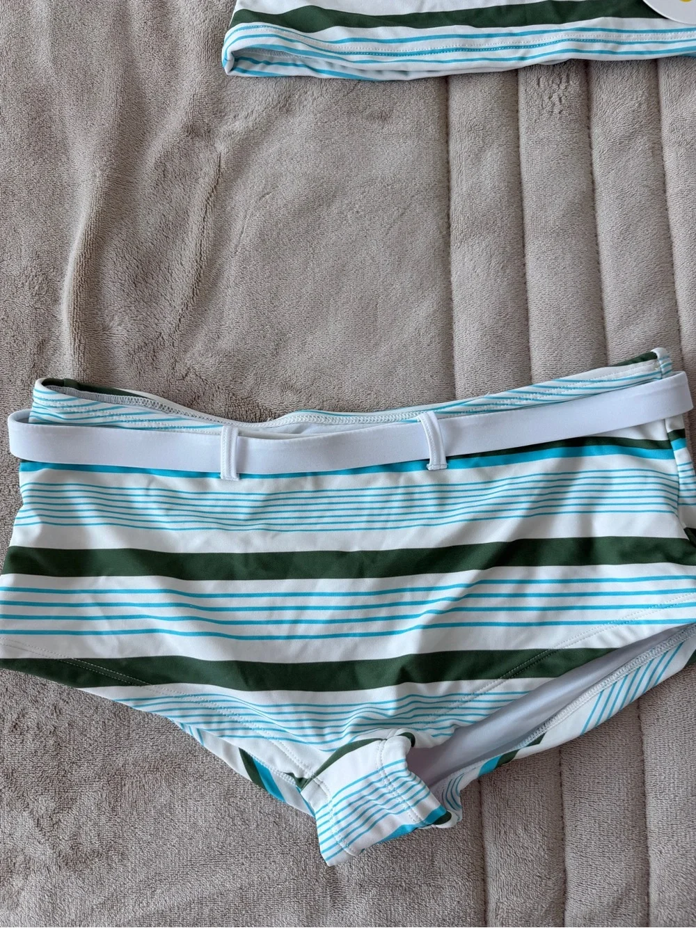 RAD Swim Kimber Tankini Set Size Large Green Blue Striped Boyshort Swimsuit